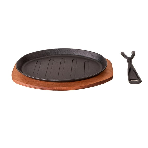 Cast Iron Steak Plate Sizzle Griddle With Wooden Base Steak Pan Fajita Grill Plate (Oval 10 inch)