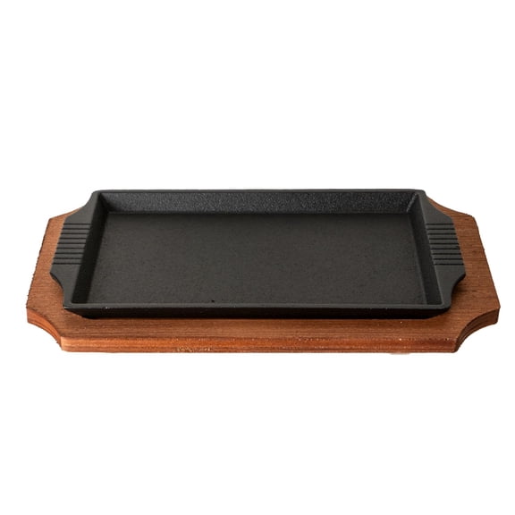 Cast Iron Steak Plate Sizzle Griddle With Wooden Base Steak Pan Fajita Grill Plate (Rectangular 10 inch)