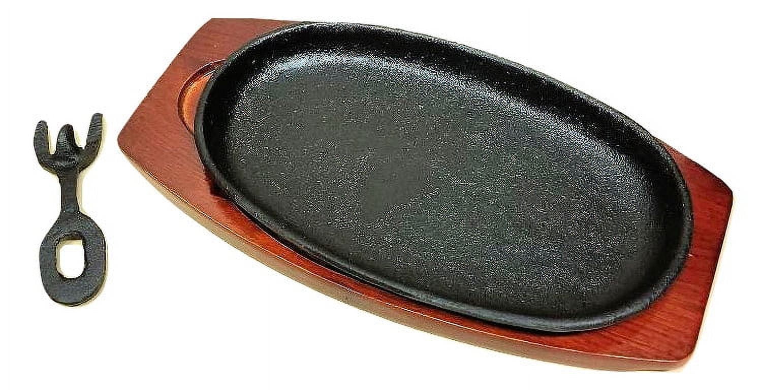 Cast Iron Steak and Fajita Platter Plate 9 x 5 1/2 w/ wooden holder and  lifting handle