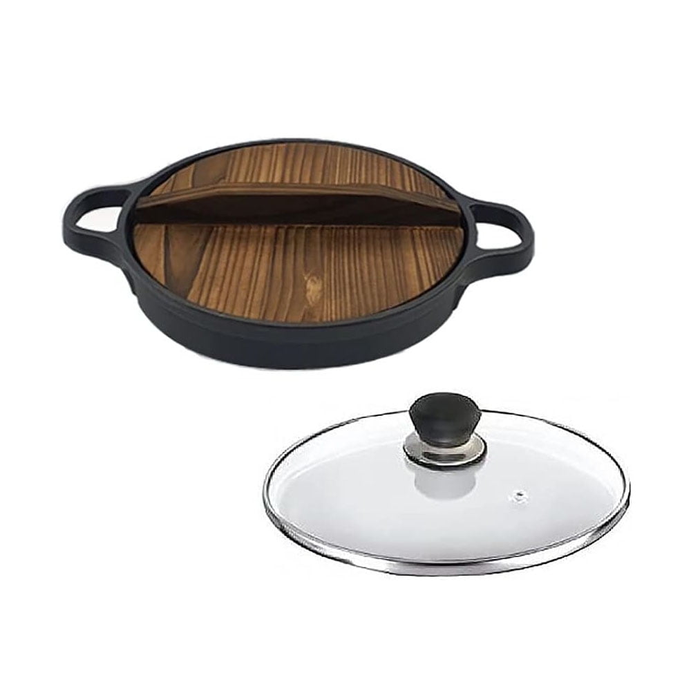 Cast Iron Sukiyaki Dual Handle Casserole Pan with Wooden and Glass Cover Lid (28cm)