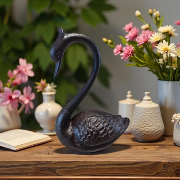 Cast Iron Swan Decor, Handmade Black Swan Sculptures, Animal Figurine Home Decor Aesthetic for Coffee Table, Book Shelf, Yard  Lawn Deck Ornament