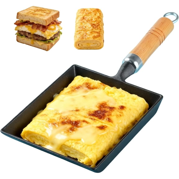 Cast Iron Tamagoyaki Pan, Japanese Egg Omelette Pan, Rectangular Breakfast Sandwich Frying Pan with Wooden Handle, Gas & Induction Compatible, Naturally Nonstick with Seasoning, 7.2 x 6.1 Inches