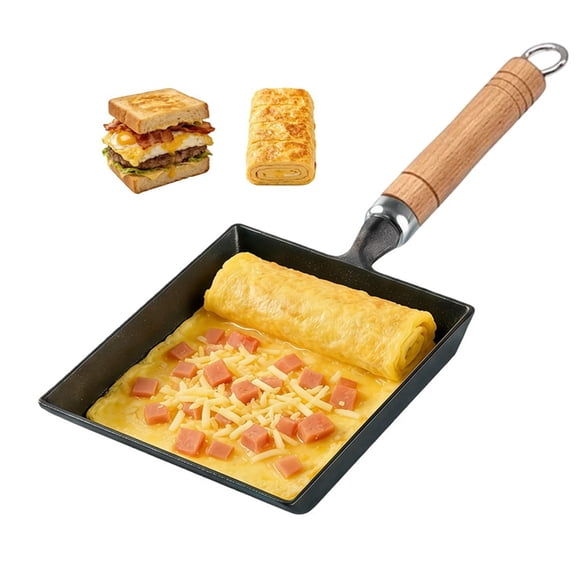 Cast Iron Tamagoyaki Pan, Japanese Egg Omelette Pan, Rectangular Breakfast Sandwich Frying Pan with Wooden Handle