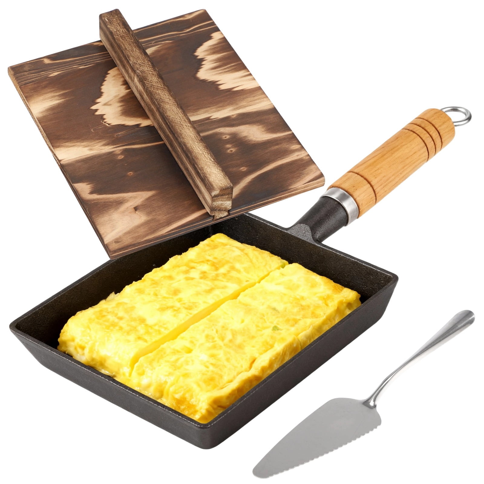 Cast Iron Tamagoyaki Pan, Japanese Omelette Egg Pan Set, Square Nonstick Cookware with Wood Handle, Wooden Lid, Silicone Brush, and Stainless Steel Spatula