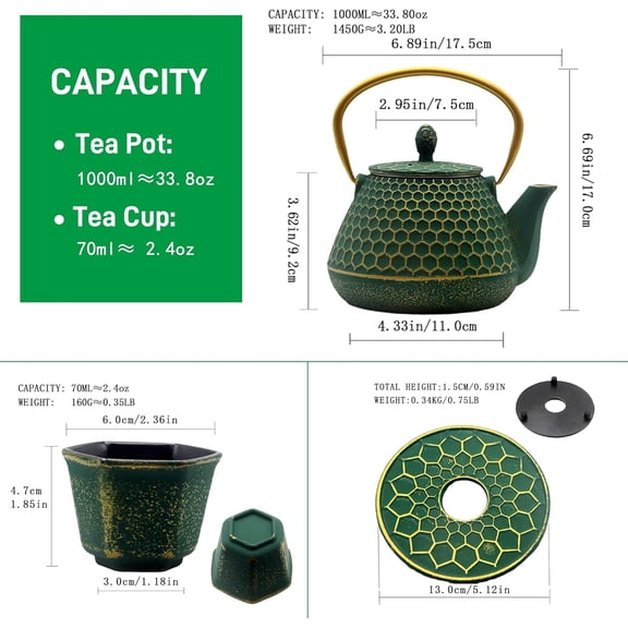 Cast Iron Tea Kettle Set, 33.8oz Hexagon Pattern Teapot Set with Cups