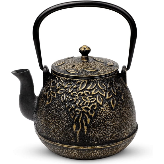 Cast Iron Tea Kettle for Stovetop, 32 Ounce, Enameled Interior, Leaf Design, Black