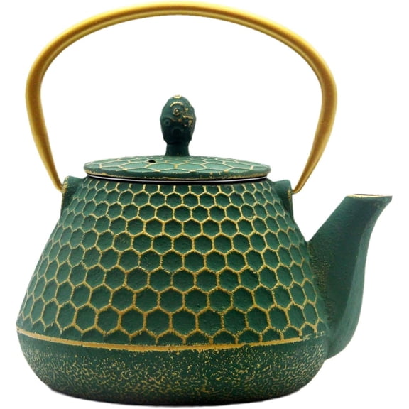 Cast Iron Tea Kettle with Enameled Interior and Stainless Steel Infuser, 1000ml/34oz, Dark Green Hexagon Pattern