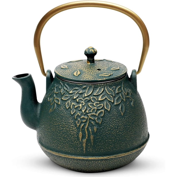 Cast Iron Tea Kettle with Infuser Leaf Design Stovetop Safe Enameled Interior 32 Ounce Dark Green