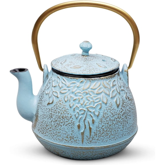 Cast Iron Tea Kettle with Stainless Steel Infuser Stovetop Safe Enameled Interior 32 Ounce Turquoise Blue