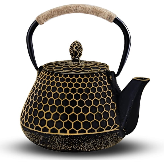 Cast Iron Tea Pot - Honeycomb Pattern Tea Kettle with Tea Leaf Infuser,Stovetop Tea Kettle Coated with Enameled Interior,Suitable for Brewing Loose Leaf Tea (Gold)