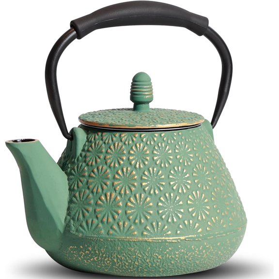 Cast Iron Teapot, 32oz Japanese Sakura Blossom Pattern Tea Kettle, Stovetop Safe, Infuser for Loose Leaf & Coffee, Silicone Handle, Enamel Interior, 950ml Green