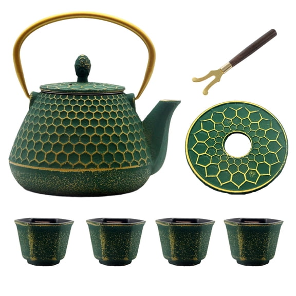 Cast Iron Teapot And Cups Set  33.8ozgon Pattern Tea Pot Enameled Interior Kettle For Stovetop With Teacups Adults Green Infuser Loose Leaf