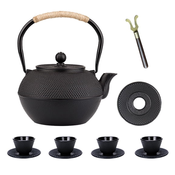 Cast Iron Teapot Set 1200 ml with Cups and Saucers for Loose Tea