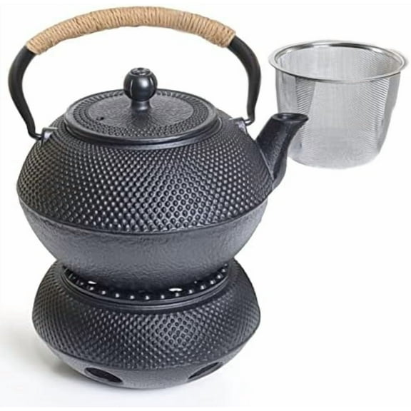Cast Iron Teapot Set, 40 oz/1200 ml Japanese Style Teapot with Infuser and Warmer, Tea pot | Tea Kettle Coated with Enameled Interior, Large Cast Iron Kettle, Black & Iron cast Teapot warmer