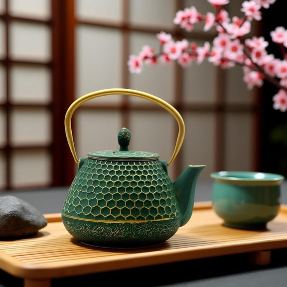 Cast Iron Teapot Set with Cups, 34oz Hexagon Pattern Enamel Interior Stovetop Kettle for Tea Lovers