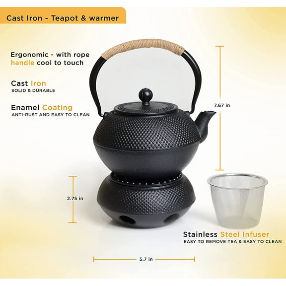 Cast Iron Teapot Set with Infuser and Warmer, 40 oz Japanese Style Tea Pot