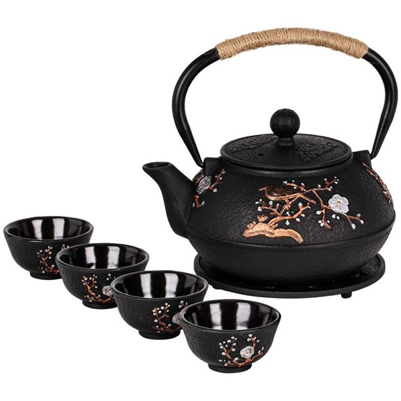 Cast Iron Teapot with Tea Cups Trivet Japanese Style Tetsubin Tea Kettle with Infuser Iron Tea Set Gift for Adult Father Mother Family (Black,Magpie on the Plum Design)