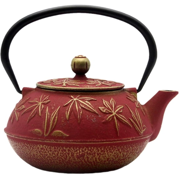 Cast Iron Teapot Tea Kettle with Stainless Steel Infuser for Stovetop Safe Coated with Enameled Interior JapaneseTetsubin with Maple Leaves Pattern
