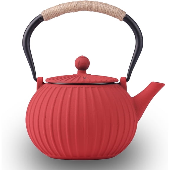 Cast Iron Teapot -  Tetsubin 34oz (1000ml) Enamel Coated Interior with Removable Stainless Steel Infuser, Stovetop Safe  Kettle for  Ceremony, Red