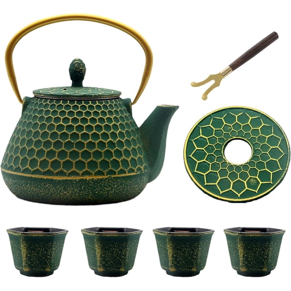 Cast Iron Teapot and Cups Set 34 oz Hexagon Pattern Enameled Interior Stovetop Teapot with Infuser Dark Green