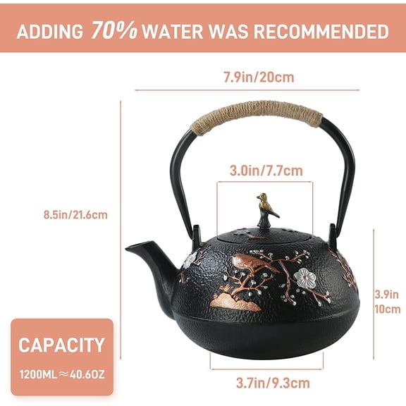 Cast Iron Teapot for Stovetop Safe Enameled Interior Japanese Tea Kettle with Stainless Steel Infuser for Loose Tea 40.6oz