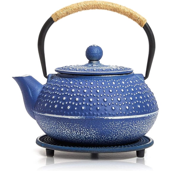 Cast Iron Teapot with Infuser - Blue, 27 oz (800 mL) - Stovetop Tea Kettle for Loose Leaf Tea - Includes Stainless Steel Infuser & Trivet