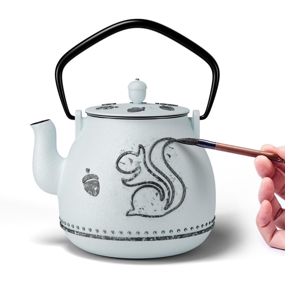 Cast Iron Teapot with Removable Infuser Stovetop Safe Enameled Interior 32 Ounce Light Blue Squirrel Design