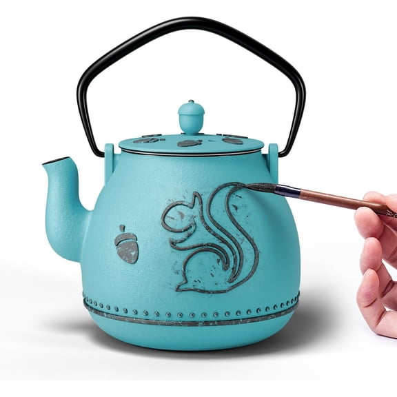 Cast Iron Teapot with Removable Infuser Stovetop Safe Enameled Interior 32 oz Blue Squirrel Design