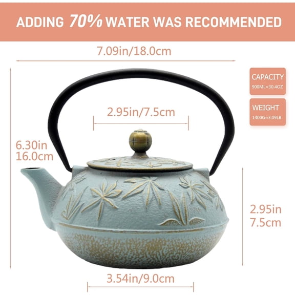 Cast Iron Teapot with Stainless Steel Infuser for Stovetop Safe Enameled Interior Japanese Tetsubin Maple Leaves Pattern 30.4oz/900ml