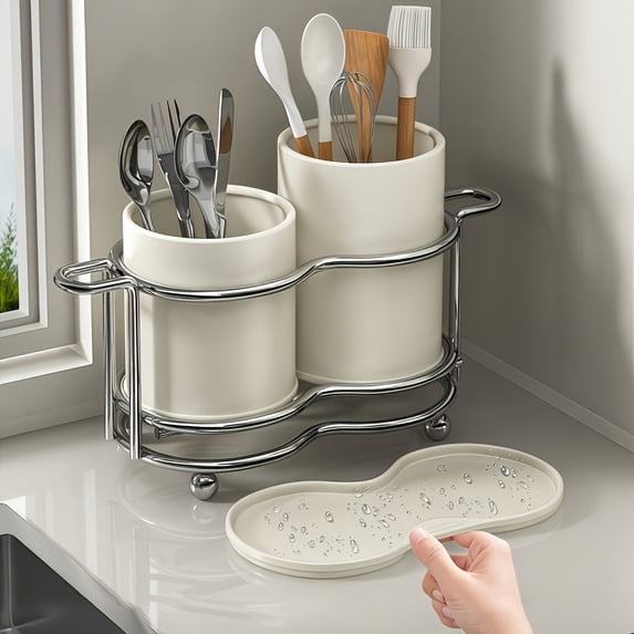 Cast Iron Utensil Holder with Drainage Holes, Multi-Compartment Kitchen ...
