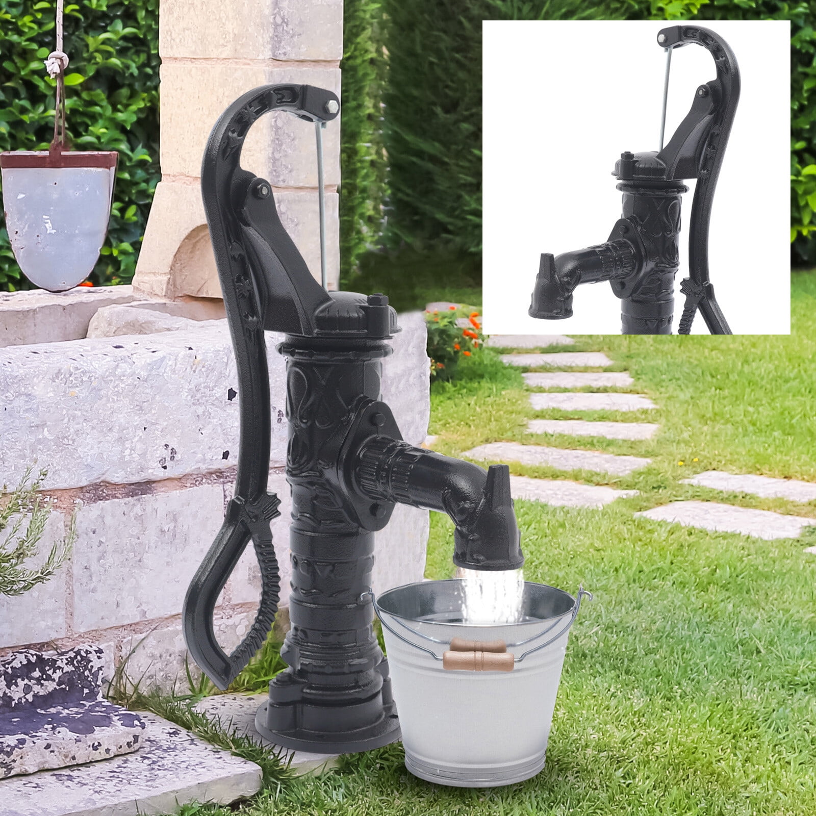 Cast Iron Vintage Pitcher Pump with Extended Spout & Floral Design – Durable Hand Water Pump for Garden, Park & Outdoor Use, Rust-Resistant Black Finish