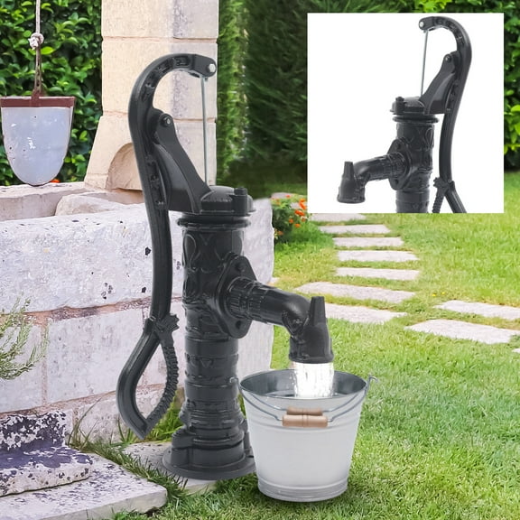 Cast Iron Vintage Pitcher Pump with Extended Spout & Floral Design  Durable Hand Water Pump for Garden, Park & Outdoor Use, Rust-Resistant Black Finish