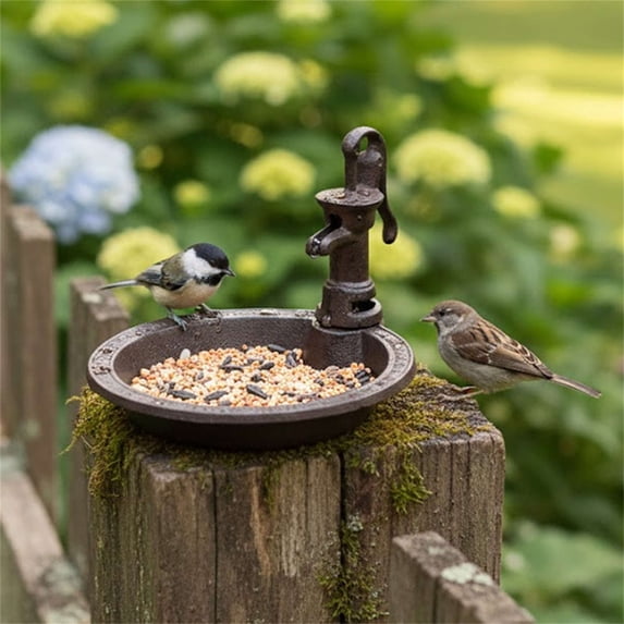 Cast Iron Vintage Water Pump Style Bird Feeder, Wall Mount Decorative Bird Bath with Shallow Dish for Garden, Patio, Fence – Black