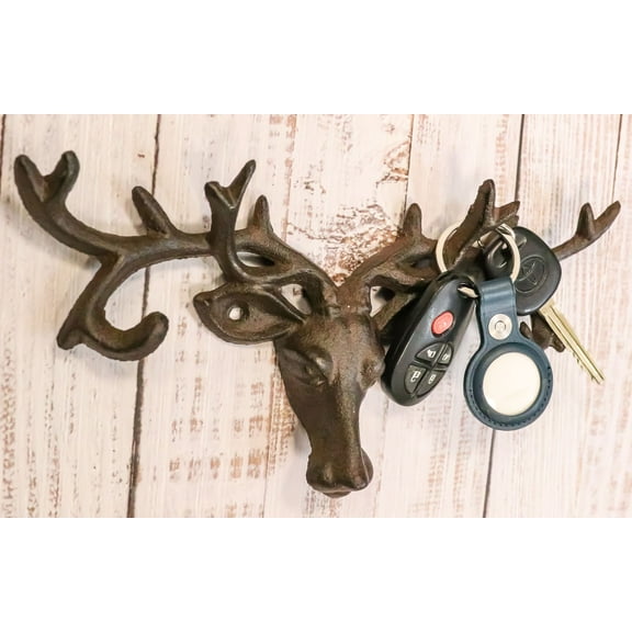 Cast Iron Vintage Western Rustic Stag Deer with Crown Antlers Wall Key Hooks