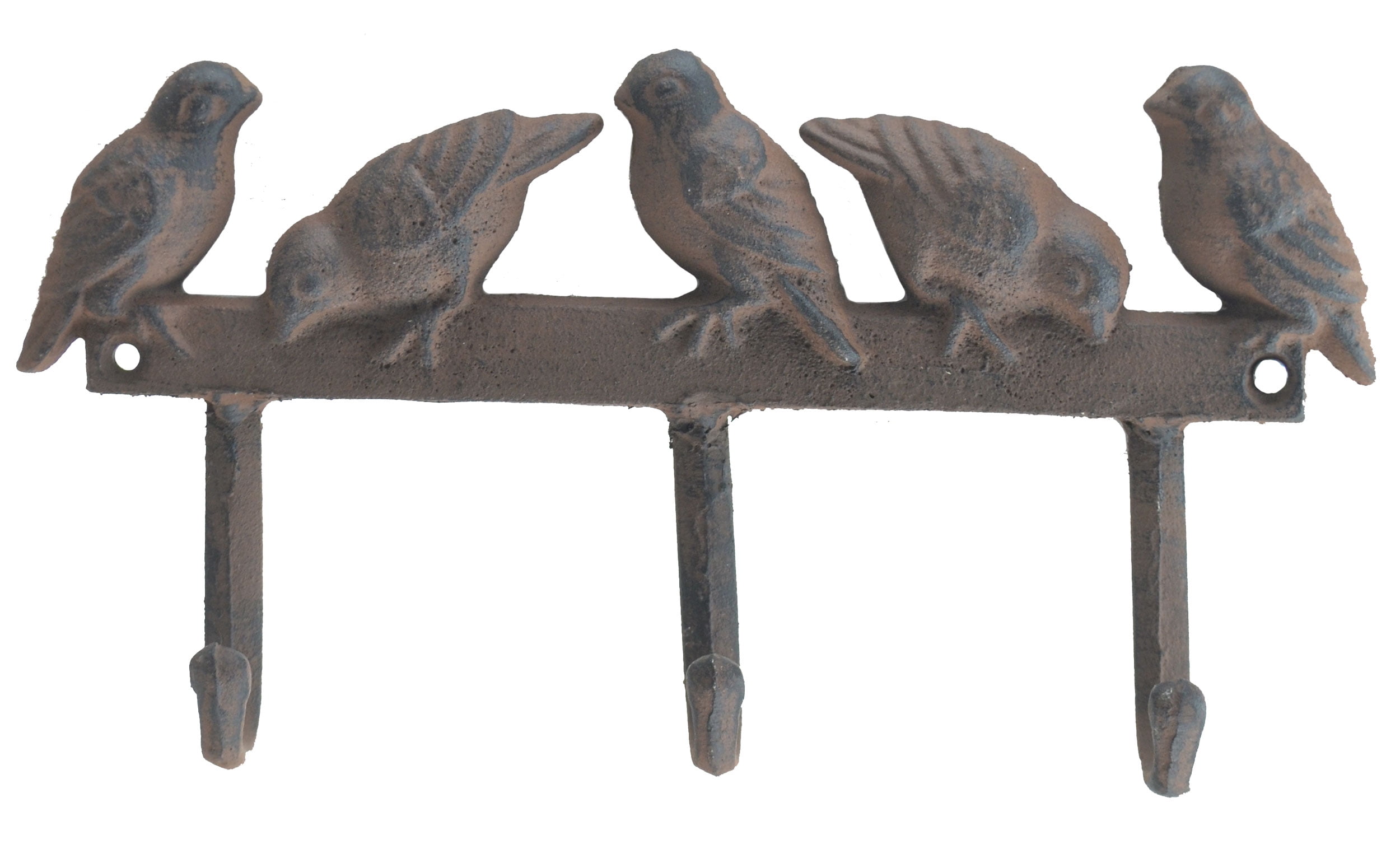 Distressed Brown Cast Iron Birds on Fence Wall Hook Rack