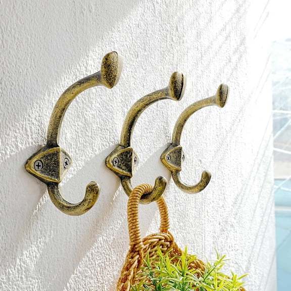 Cast Iron Wall Hooks L=5", Heavy Duty Coat Hooks, Rustic Vintage Farmhouse Hook for Hanging Winter Coats Jackets Towels Hats Bags Plants, Antique Black& Gold, Pack of 10 (ShieldBold)