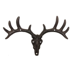 Cast Iron Wall Mount Deer Skull Antler Hooks Rustic Key Ring Coat Hat Rack Hunting Cabin Home Decor