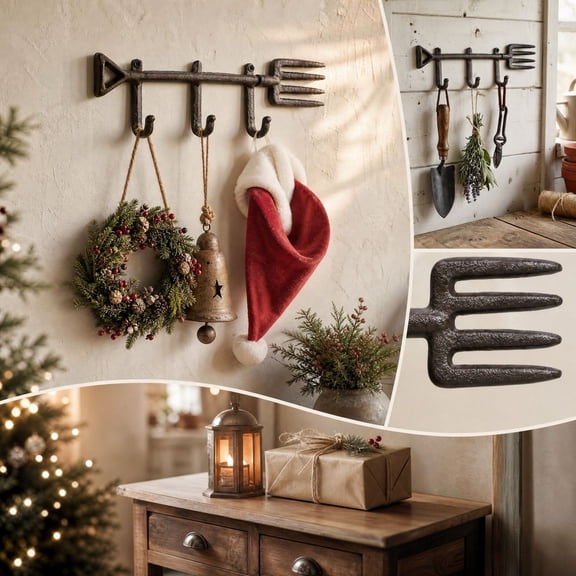 Cast Iron Wall Mount Hook Rack, Vintage 3‑Hook for Keys Garden Tool, Home Outdoor Organizer, Fork