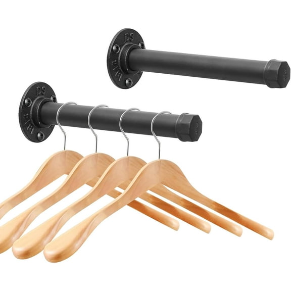 Cast Iron Wall Mounted Clothes Rack, Heavy Duty Industrial Pipe Clothing Rack for Hanging Clothes, Garment Racks for Wardrobe Organizers and Storage, DIY Closet Rods Closet Bar (Black, Pack)