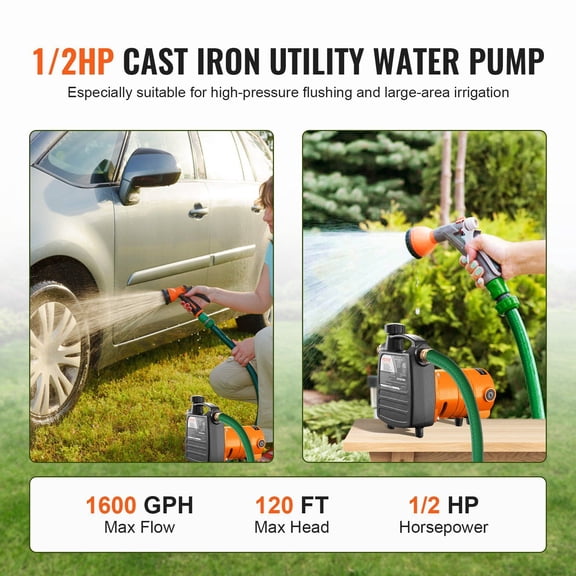 Cast Iron Water Transfer Pump,115V AC 1600 GPH 1/2HP,Portable Electric Utility Pump with Carbon Brush,Filter,Brass Connectors,for Garden,Rain Barrel,Pool,Pond,Hot Tub,Aquarium Draining