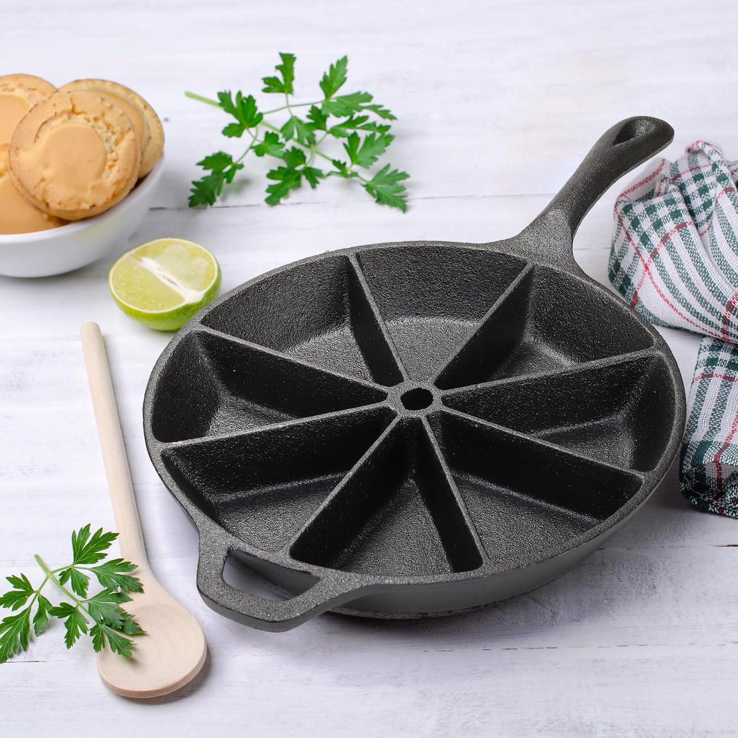 Cast Iron Wedge Pan, Round Corn Bread Skillet with Long Handle for