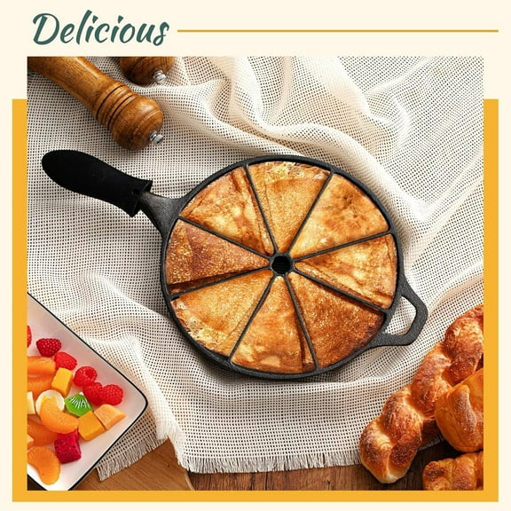 Cast Iron Wedge Pan with Black Silicone Handle Holder for Scones, Cornbread, and Breads