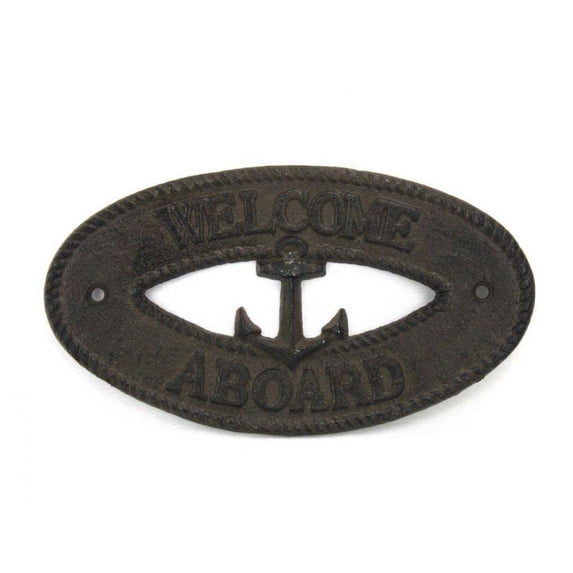 Cast Iron Welcome Aboard with Anchor Sign 8" - Metal Wall Plaque - Cast Iron Nautical Decor Sign