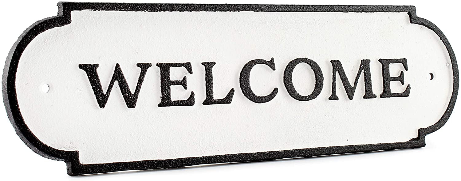 Cast Iron Welcome Sign Plaque in Black and White Includes