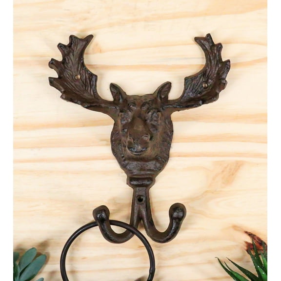 Cast Iron Western Rustic Bull Moose Antlers Head Wall Double Hooks Plaque