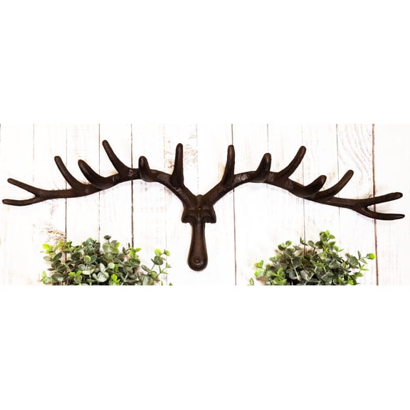 Cast Iron Western Rustic Comical Deer With Large Antlers 12-Peg Wall Hook Decor