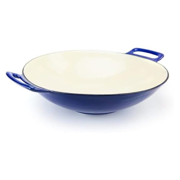 Cast Iron Wok 14 Inch - Blue Porcelain Coated Wok Pan - Heavy Duty Round Bottom Wok for Stir Fry - Traditional Chinese Wok for Gas, Electric & Induction Cooktops