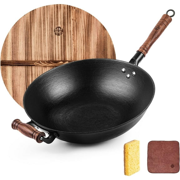 Cast Iron Wok Pan 14.2 inch Large Wok Stir Fry Pan Flat Bottom Wok with Lid and Wood Handle, Suitable for All Cooktops, Uncoated Craft Pot Healthy Cooking Pot