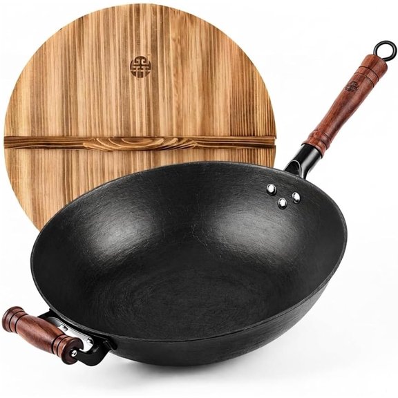 Cast Iron Wok Pan with Lid (12.6 Inch) - Handcrafted Flat Bottom Chinese Stir Fry Skillet for Induction, Electric & Gas - Walnut Wood Handle, No Coating