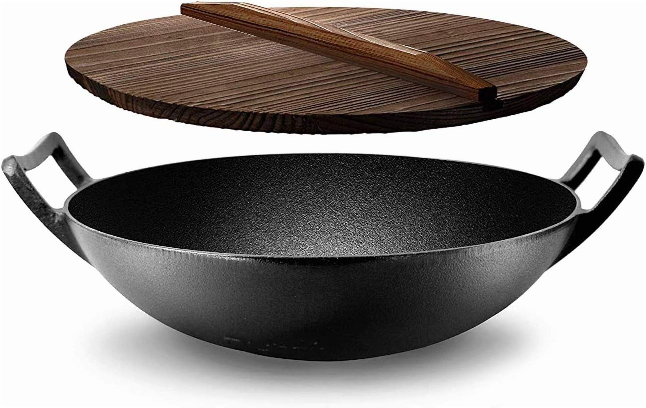Cast Iron Wok with Wooden Lid - Pre-Seasoned Chinese Wok for Stir-Fry ...